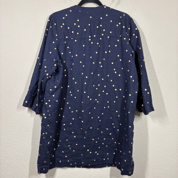 Boden 16R Evangeline Linen Tunic Shift Dress Navy Gold Polka Dot Pompom Trim - Picture 3 of 8